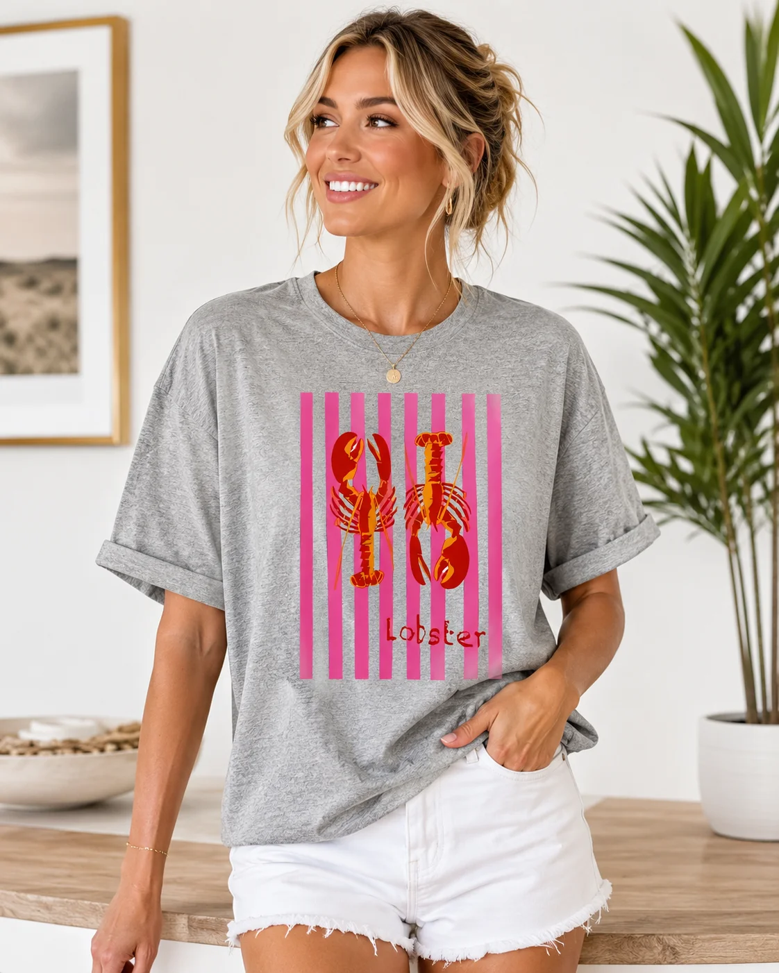 Womens Casual and Comfortable Summer T-Shirt with American Lobster Print – Short-Sleeve Round-Neck Fashionable Y2K-Style T-Shirt