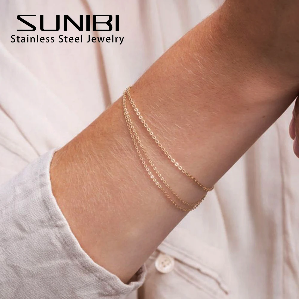 SUNIBI Multilayer Stainless Steel Bracelets for Women Gold Color Simple Thin Chain Bracelet Jewelry Wholesale Dropshipping