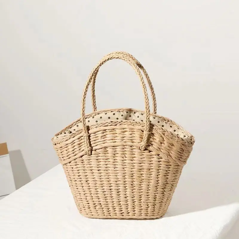 

Bohemian Small Handmade Paper Woven Straw Bag Fashion Dot Drawstring Design Women's Handabg Summer Holiday Beach Shoulder Bag