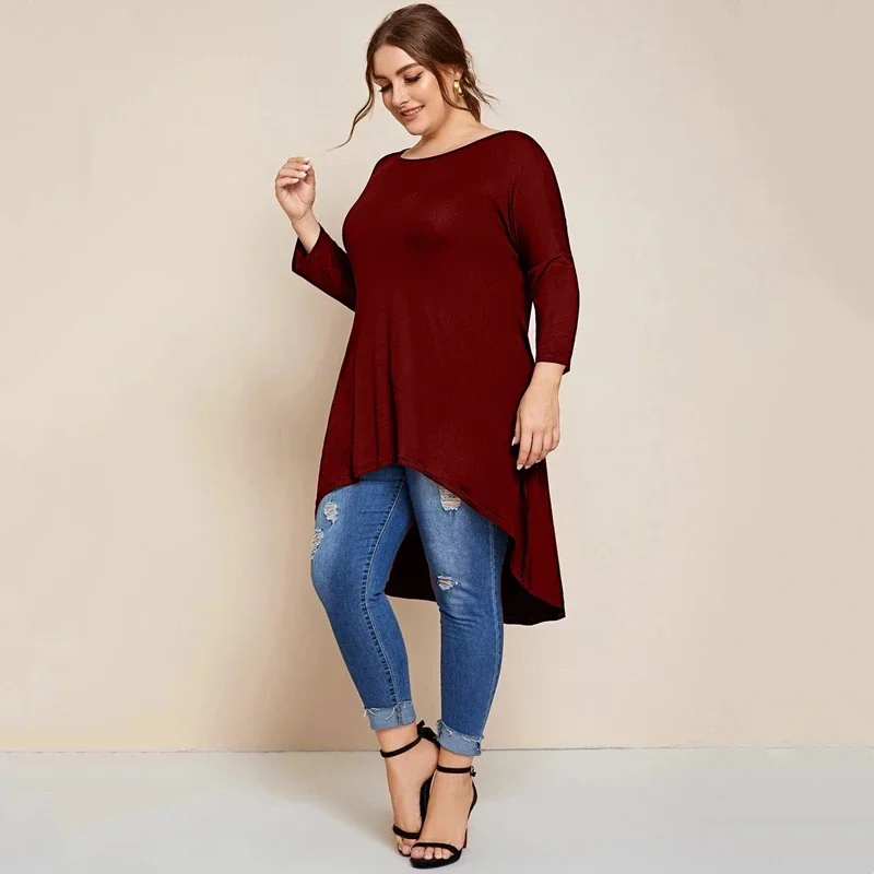 Plus Size Odzież Damska Ćwiartki Rękaw Długi Luźny Asymetryczny Hi Low Tops Solidna Czerwona Casualowa Koszulka Tuniki Moda Bluzka 6XL