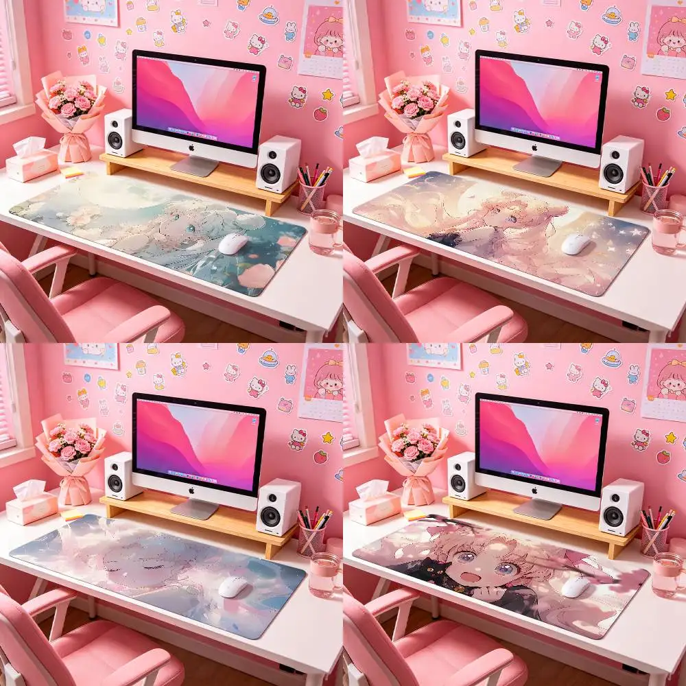Pink S-Sailor Cute M-MoonS-W Minimalist Pure White Oversized Desk Pad Waterproof Oilproof Keyboard Mat Office Writing Mousepad