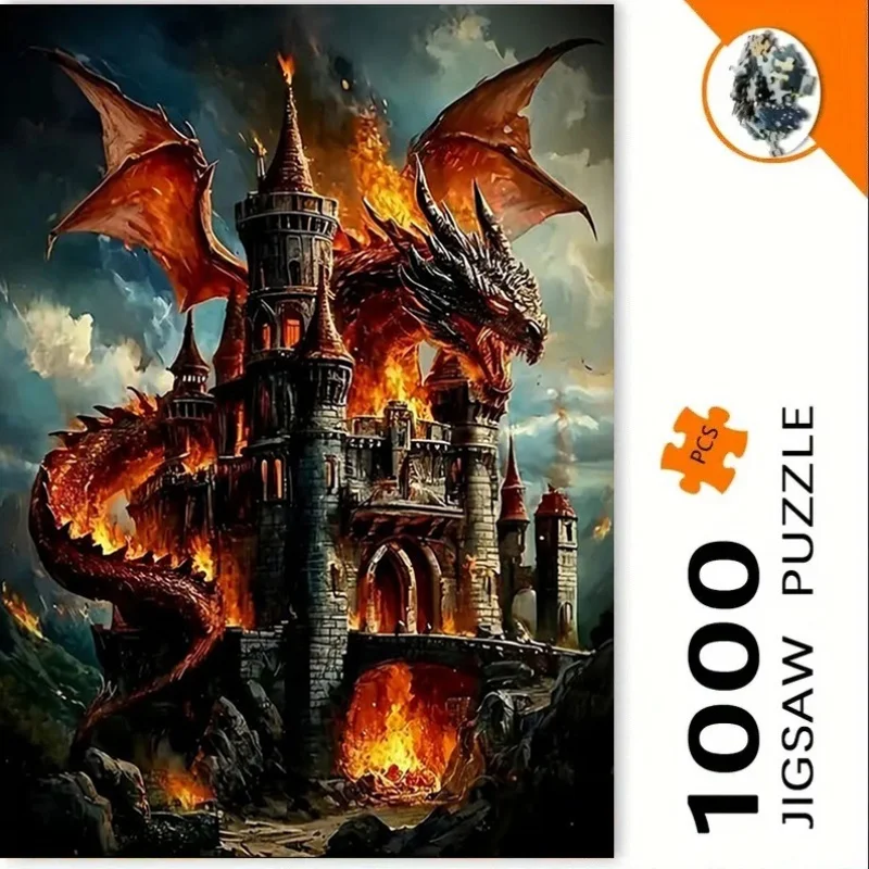 1000ピース 中世ファンタジー ドラゴン＆キャッスル パズル - 大規模で難しい1000ピースパズル、炎を吐くドラゴン、複雑な城、ドラゴン付き