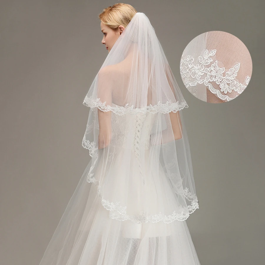 New Arrival Velos de novia Lace Edged Two Layers Short Wedding Veils Soft Tulle Wedding Accessories White Ivory Bridal Veils