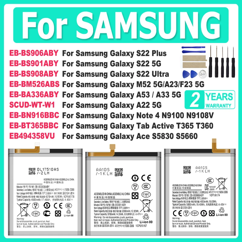 Batería de EB-BS906ABY para Samsung Galaxy Note Tab Active Ace S5830 T365 4 A22 A23 F23 S22 M52 A53 Plus Ultra 5G + herramienta, EB-BS908ABY