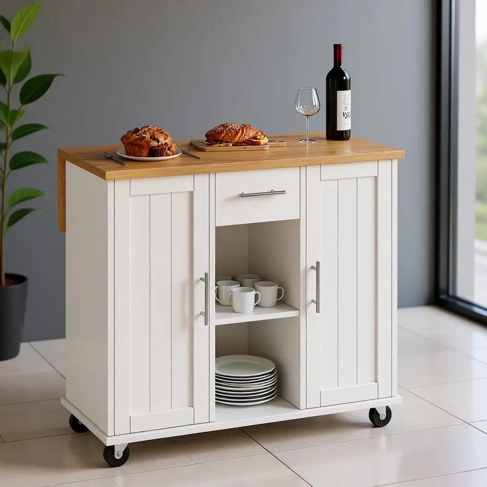 عربة جزيرة المطبخ على طراز المزرعة البيضاء مع أوراق متدلية وبار المناشف ودرج تخزين #1