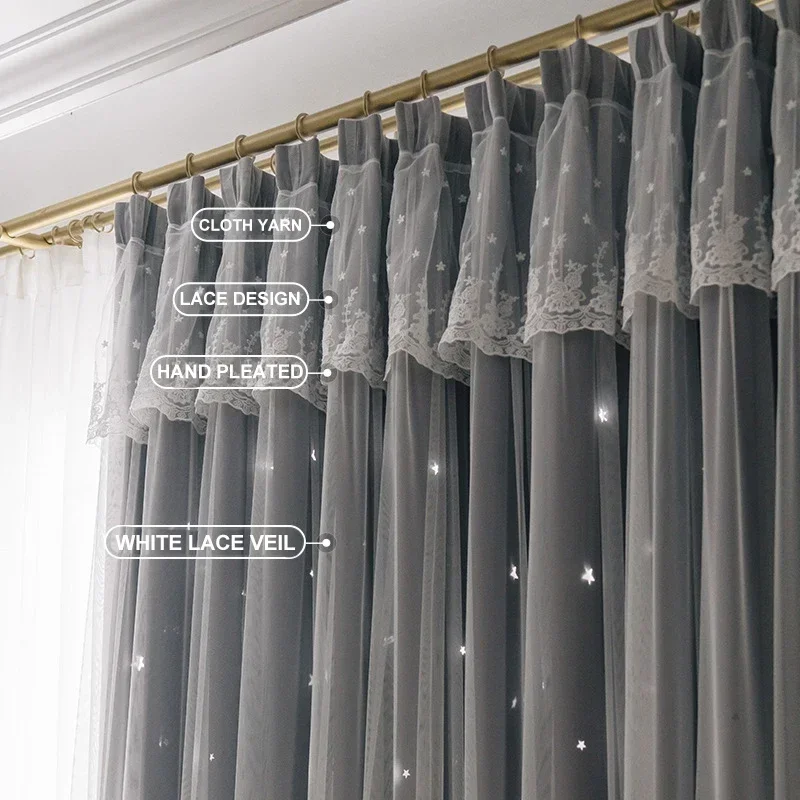 

European Star Hollow Double Layer Curtains for Living Room Bedroom Lace Tulle Drape Blackout Home Decor Window Custom Size
