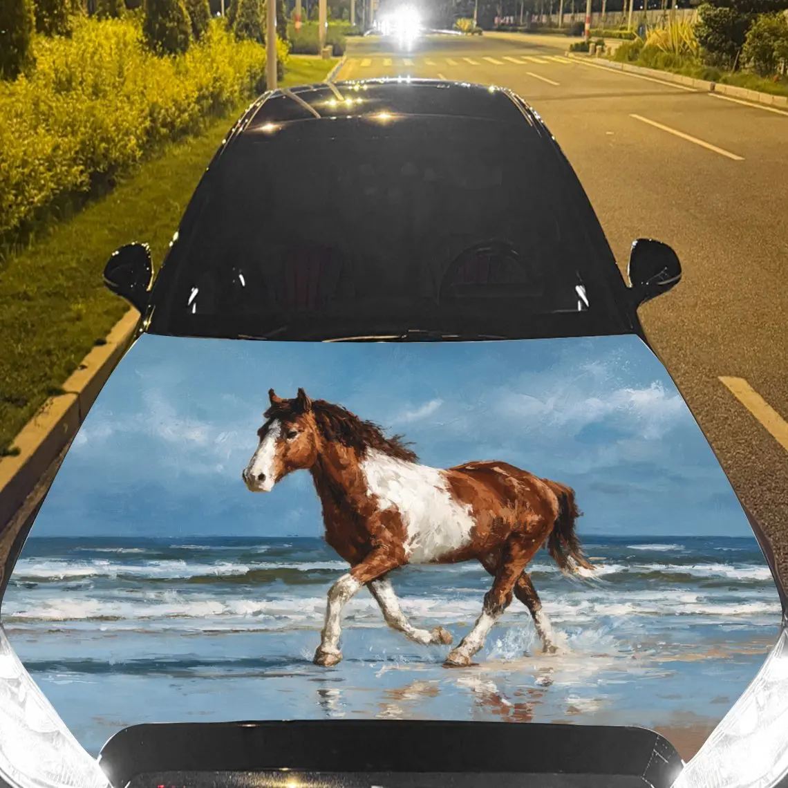 Calcomanías de coche Un caballo con encanto libre y animado junto al mar, pegatina para capó de coche, calcomanías gráficas de vinilo autoadhesivas impermeables, diciembre