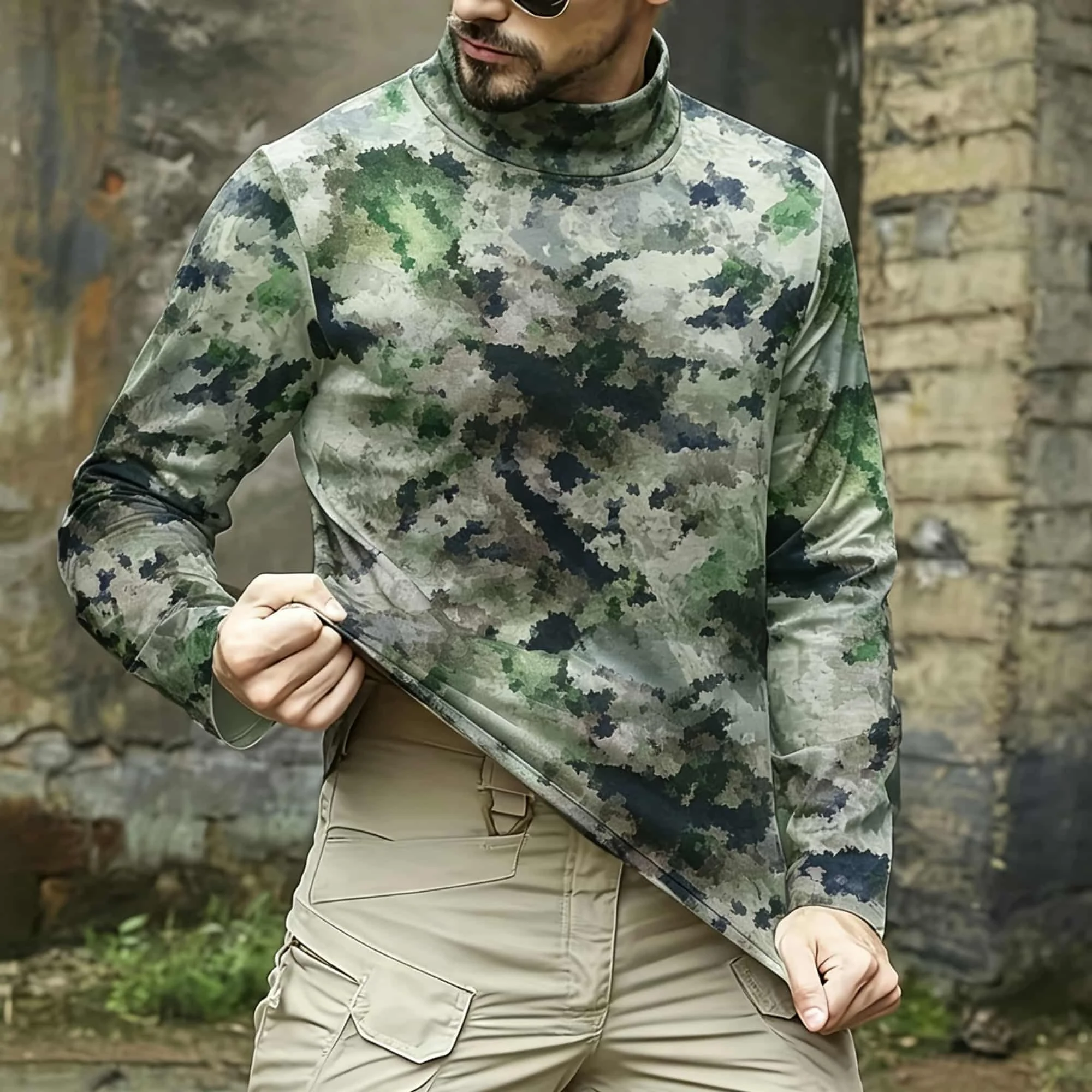 Men Tactical Camouflage Print Mock Neck Long‑Sleeve Shirt, Soft Stretch Outdoor Hiking Training Base Layer Tee