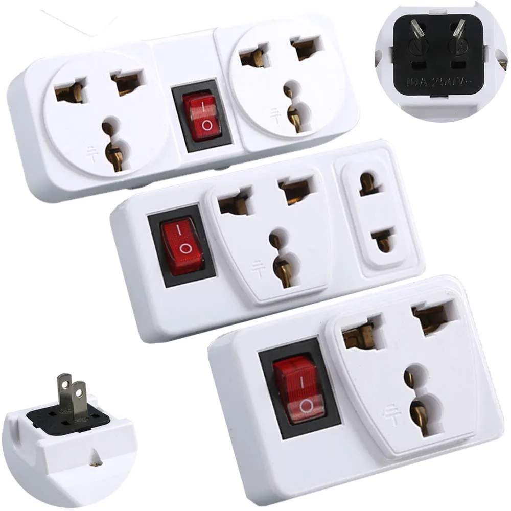American White AU EU UK US Universal Wall Socket Portable 2way Outlet Extend Converter Plug Adaptor with Switch 250v 6A 10A 125V