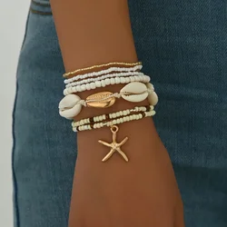 7Pcs/Set Summer Starfish Bracelet Set For Women Shell Rice Beads Elastic Chain Bangle Girls Bohemia Beach Jewelry Accessories