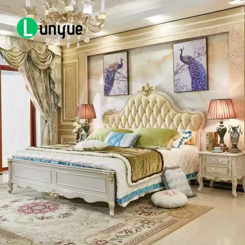 Modern Luxury European Style Leather Upholstered Bed Solid Wood Frame Bedroom Furniture High End Designer Master Room Decor