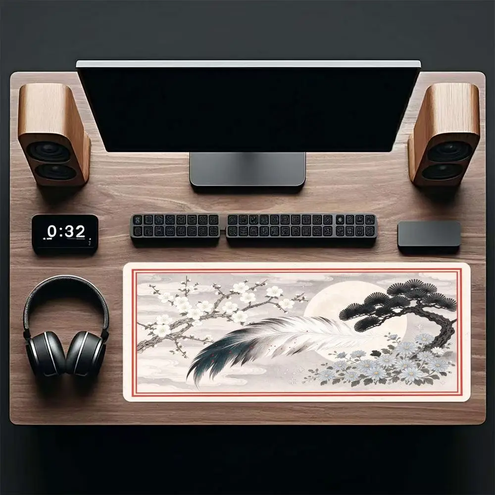 Ink Wash Pine Feather Moon Table Mat Smooth Glide Precision Tracking For Oriental Office