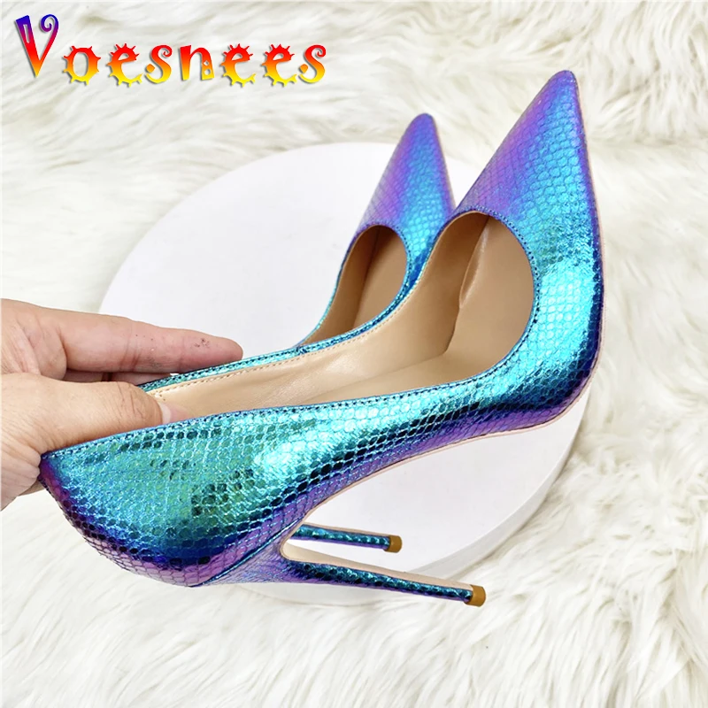 Evening Party Elegant Single Shoes 12CM Fashion Pointed Holographic High Heels Bling Snakeskin Unique Wedding Dress Pumps Women