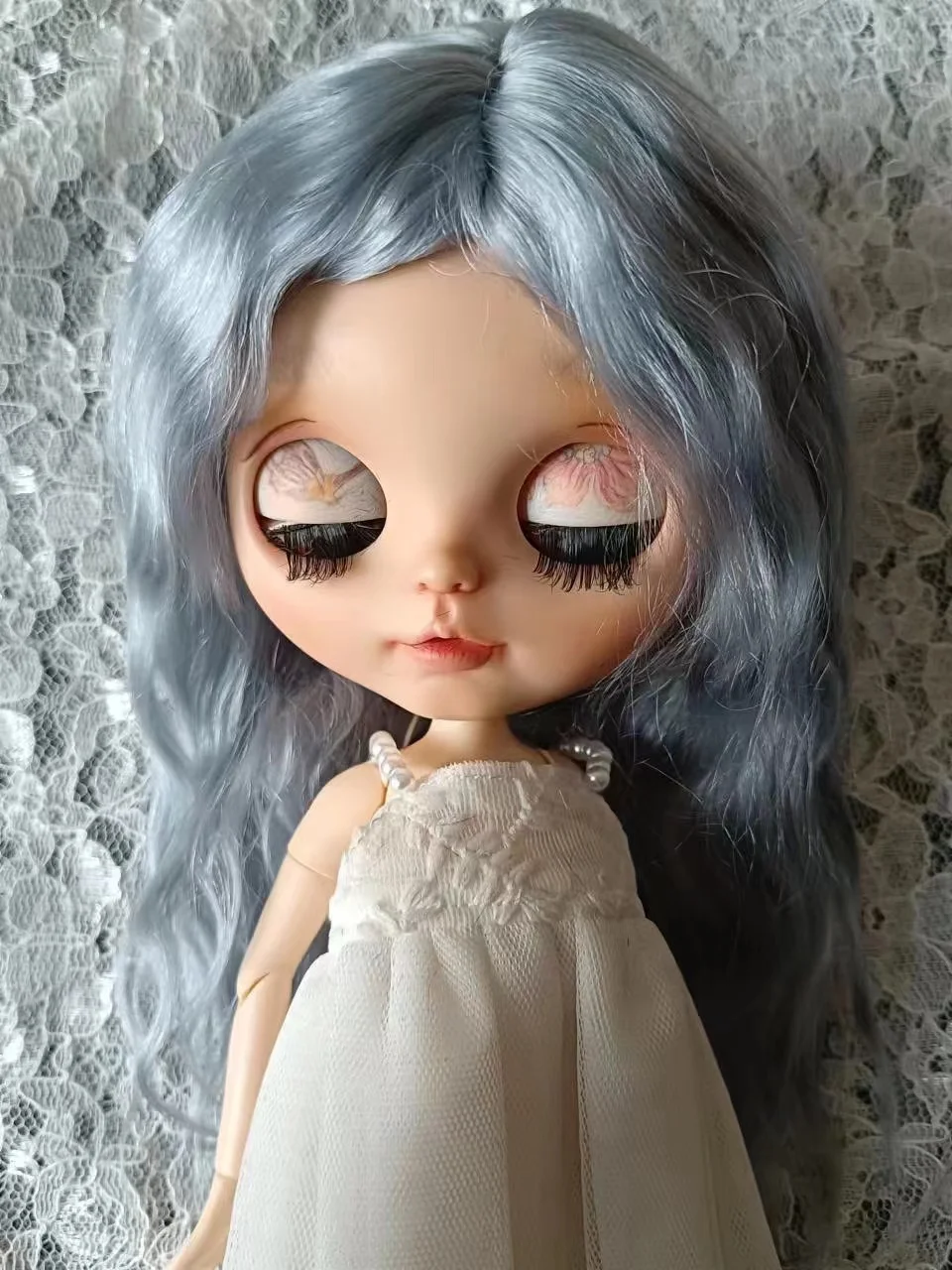 BJD Blythe wig Russia Mohair Grey blue Waves roll Fit 9-10inch head circumference Qbaby