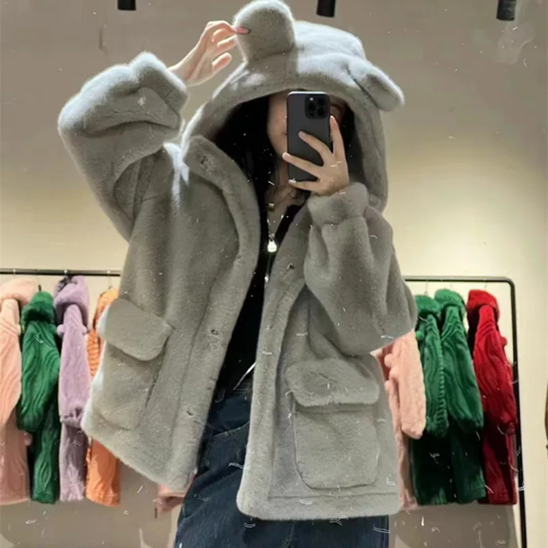

Autumn Winter New Fur Coat Mink Fur Coats Women Hooded Cute Ears Loose Warm Sweet Faux Fur Jacket Luxury Brand Clothing Treny