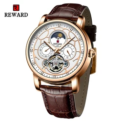 REWARD-Reloj de pulsera mecánico automático para hombre, pulsera de cuero genuino, luminoso, Tourbillon, regalo para padre y marido