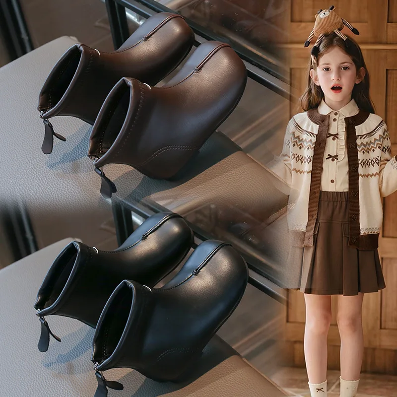 Autumn Winter Children's Boots Fashion Simple Style Girl's Ankle Boot Causal Versatile Black Kid Short Leather Boots Zipper 2026