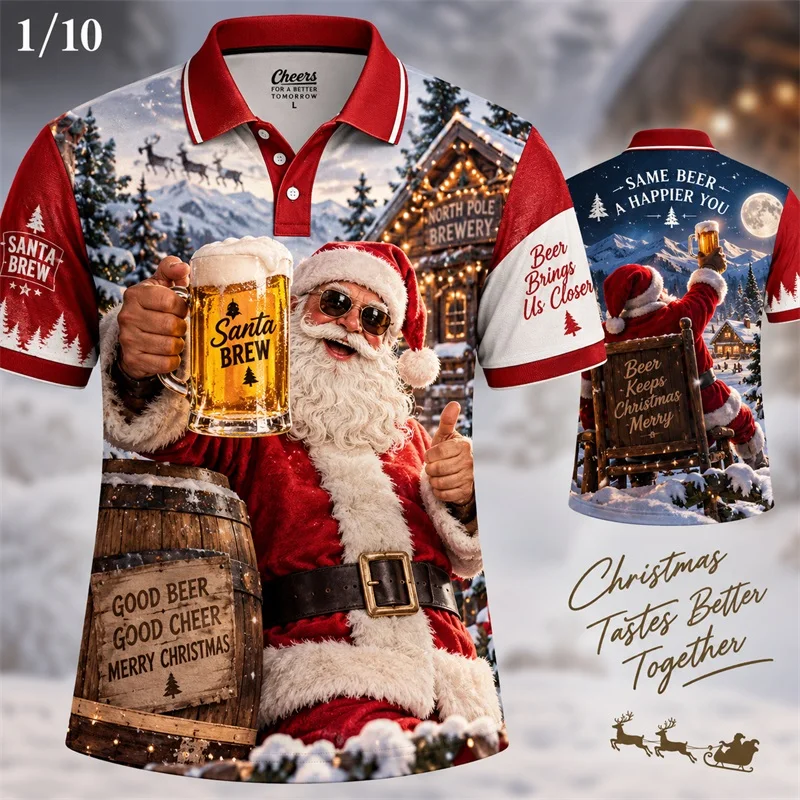 Christmas Santa Surf Print Polo Shirt Short Sleeve Lapel Top Men's Fun Santa Polo Shirt Beach Xmas Polo shirt For Men Party Polo