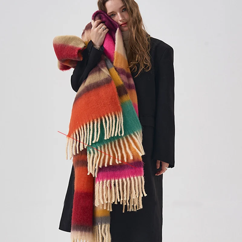 Colorful Striped Scarf with Tassels Mohair Cashmere Winter Thickened Ball Scarf Neckband Warm Rainbow Scarf Couples Accessories