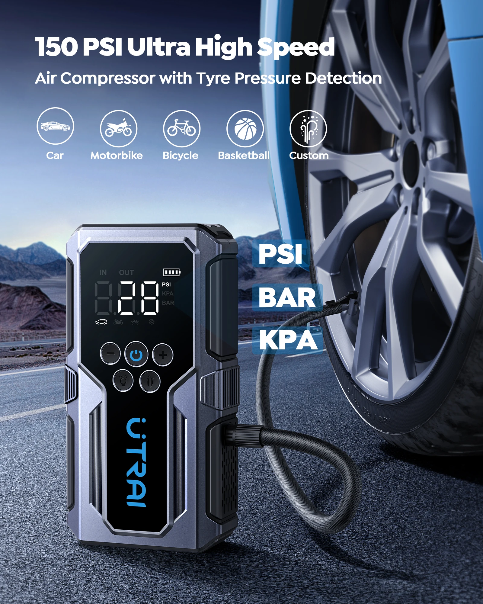 UTRAI JS-9 1500A Car Jump Starter 150PSI Air Compressor Car Battery Emergency Booster Starting Device Car Accessories Portable Power Bank Multi-function LED Light
