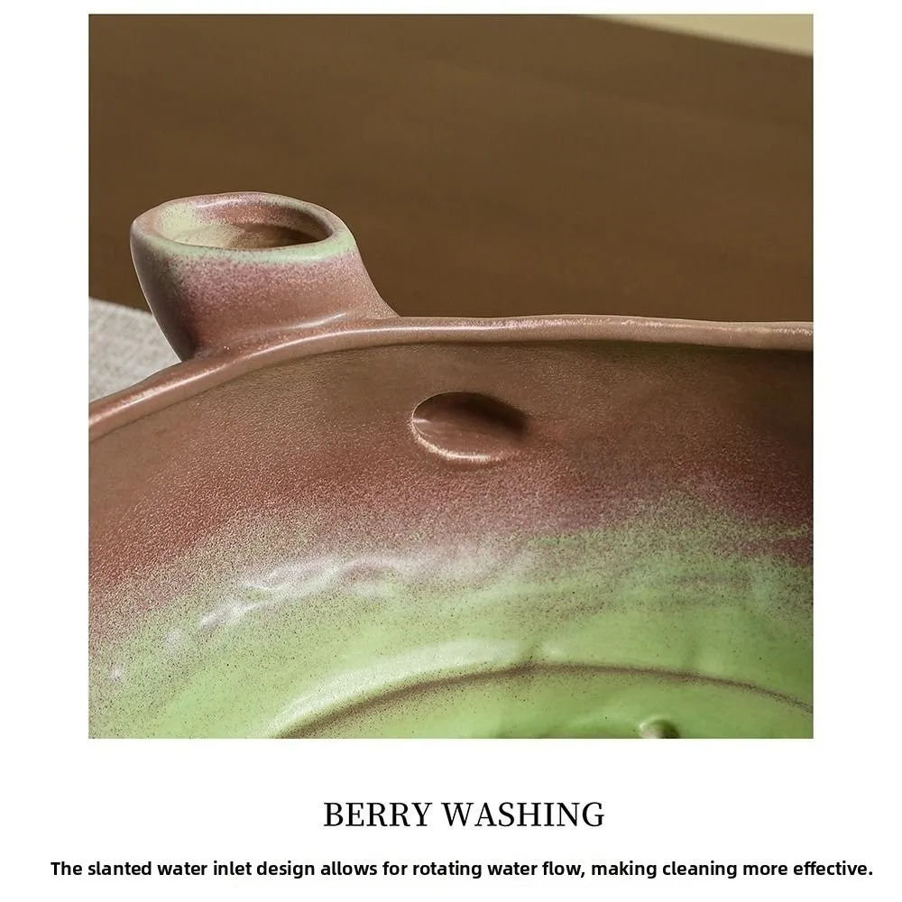 Self-Spinning Ceramic Berry Colander Bowl Easy-clean Drainage Hole Berry Washing Bowl Multifunctional Decorative