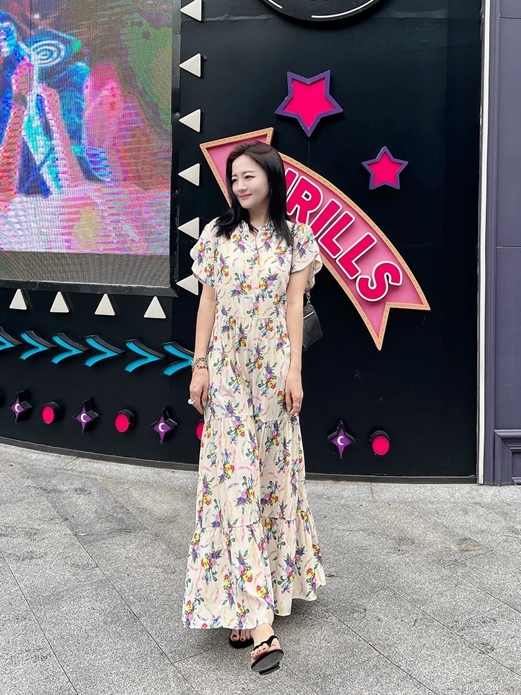 

Romantic Summer Sle Extra Long Dr with Flng Sves for plus Size Women All-Match Slimming Loose Print Gown