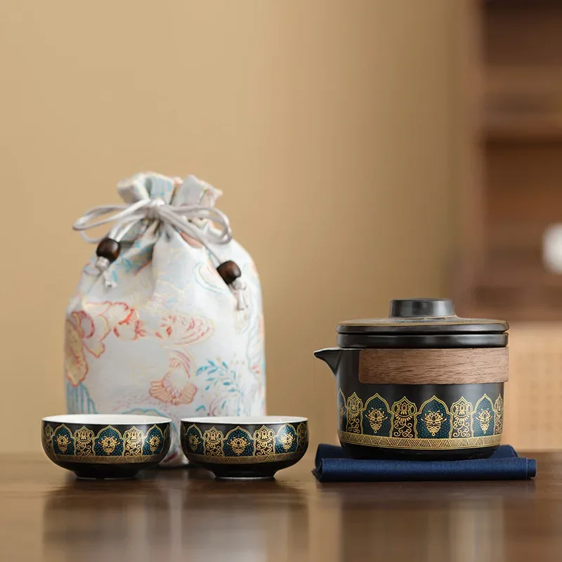Outdoor ceramic gifts, light luxury and ancient charm, portable hand-held teapot, travel outdoor quick cup, high-end gift bag