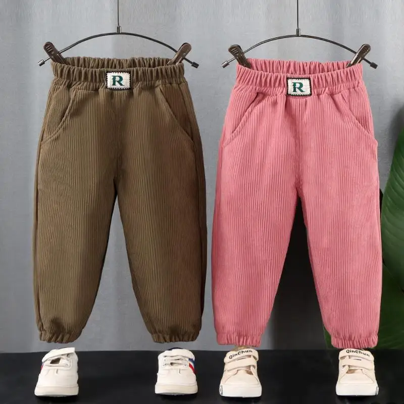 

2023 Children's pants Spring and Autumn Girls' corduroy loose casual pants Boys' cartoon new striped sports pants 1-7Y