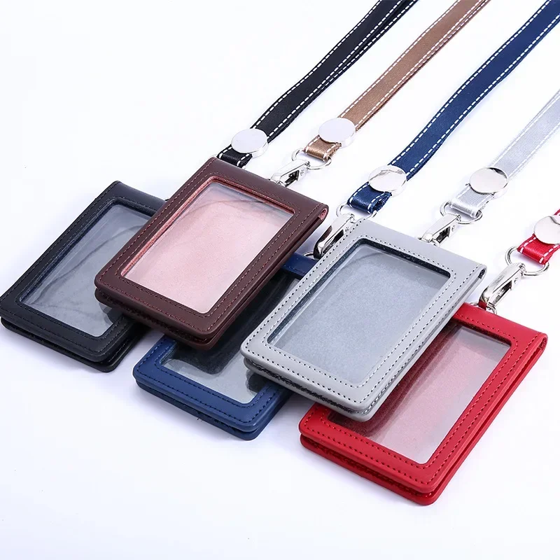 Clear ID Card Folding Card Holder Leather Badge Holder Double-Sided Work Bank Chest Badge Clip With Lanyard Badge Accessories