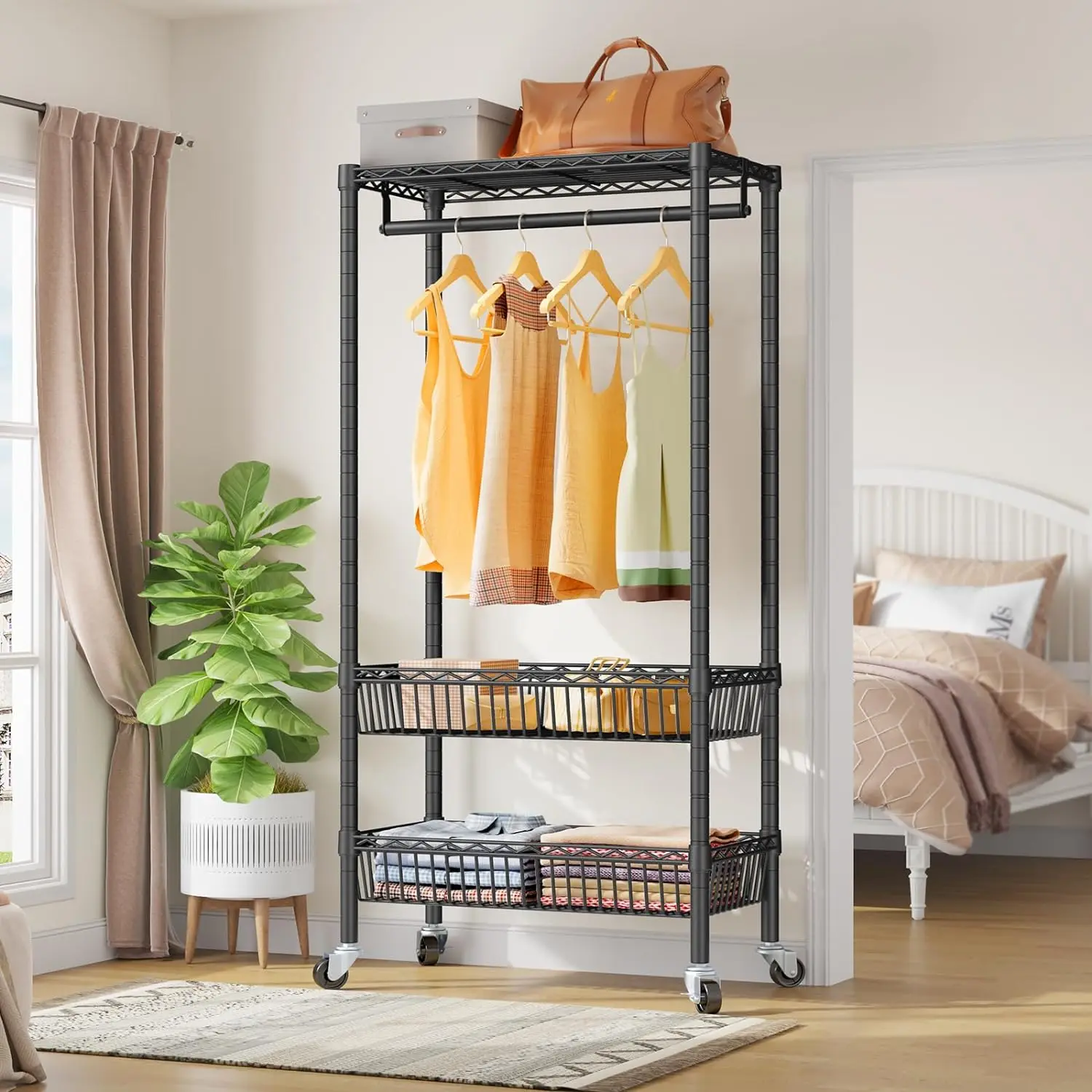 Medium Wire Garment Rack Heavy Duty Rolling Clothes Rack for Hanging Clothes Portable Closet Rack with Hanging Rod Clothing