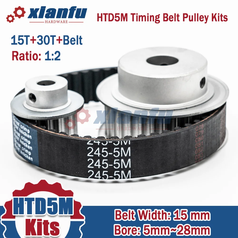 

HTD5M 15T 30T Timing Belt Pulley Kits Belt Width 15mm Ratio 1:2 Bore 5~28mm Wheel Set HTD 5M 15Teeth 30Teeth Pulley Set for CNC