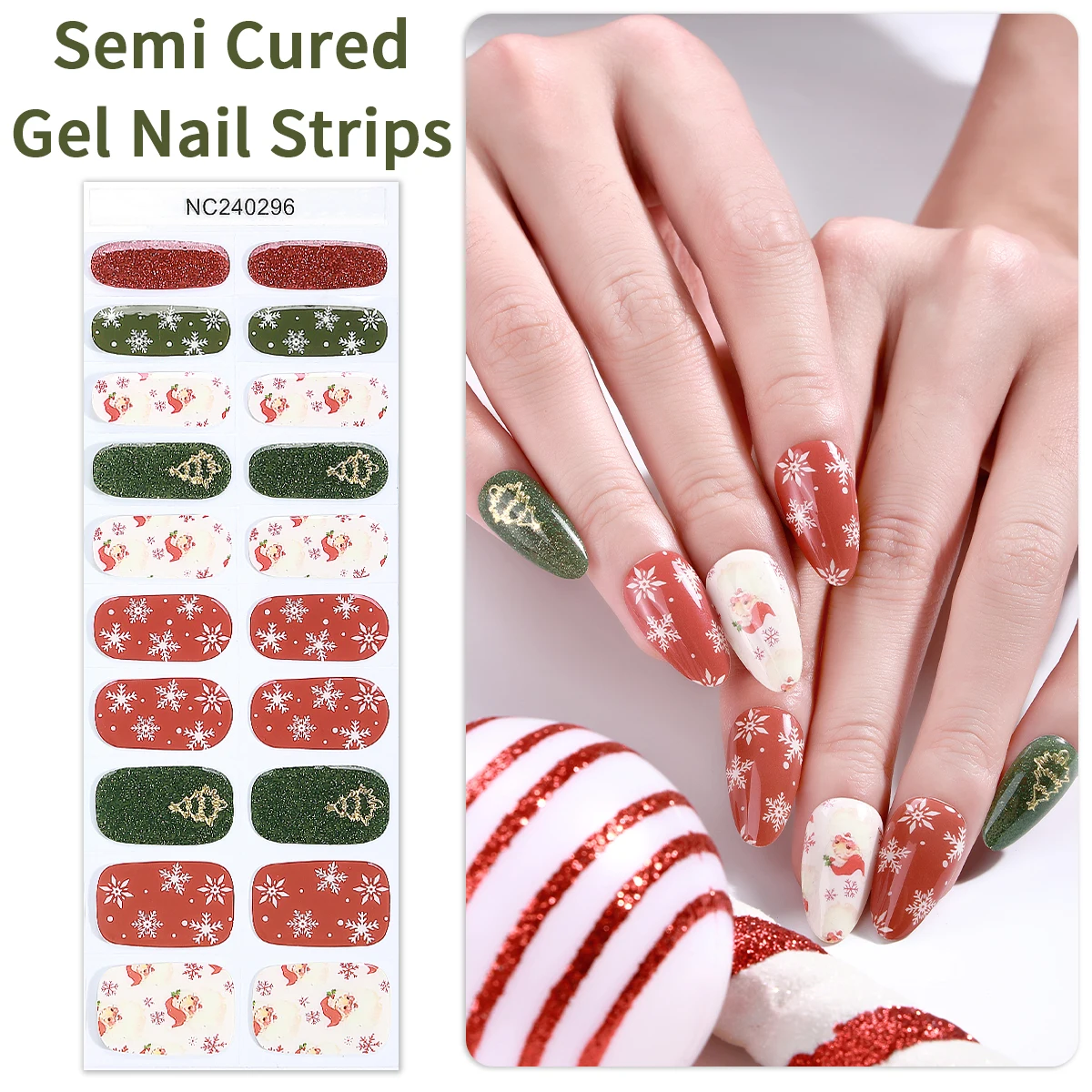 

20Tips Christmas Luminous Semi-Cured Gel Nail Strips Snowflake Bear Bell Gel Nail Stickers For New Year Manicure UV Nail Wraps