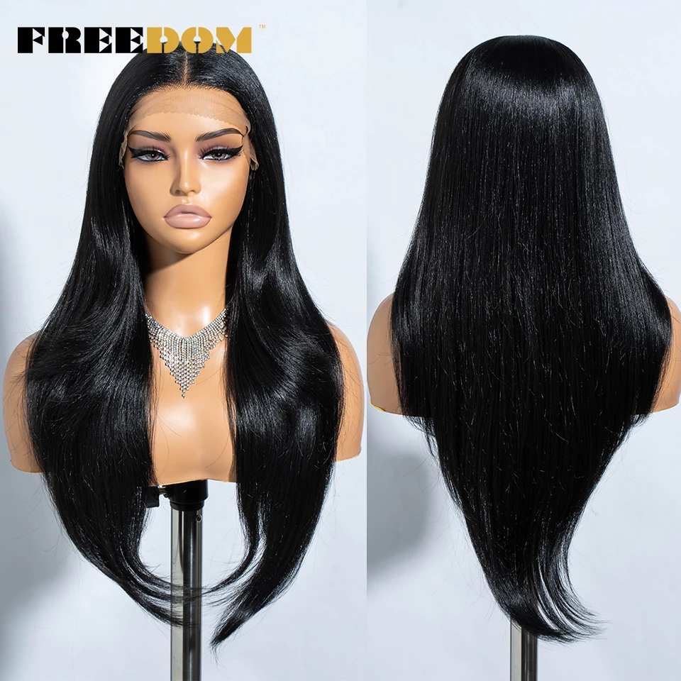 FREEDOM 13x4 Synthetic Lace Front Wigs For Women 28 Inch Long Straight Ombre Brown Blonde Highlight Cosplay Wigs Heat Resistant