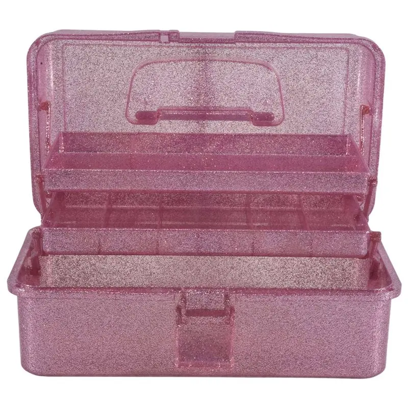 AEE8-Glitter Pink & Craft Tool Storage Box,3-Layer Stackable Carry Tackle Box Sewing Box Organizer For Art