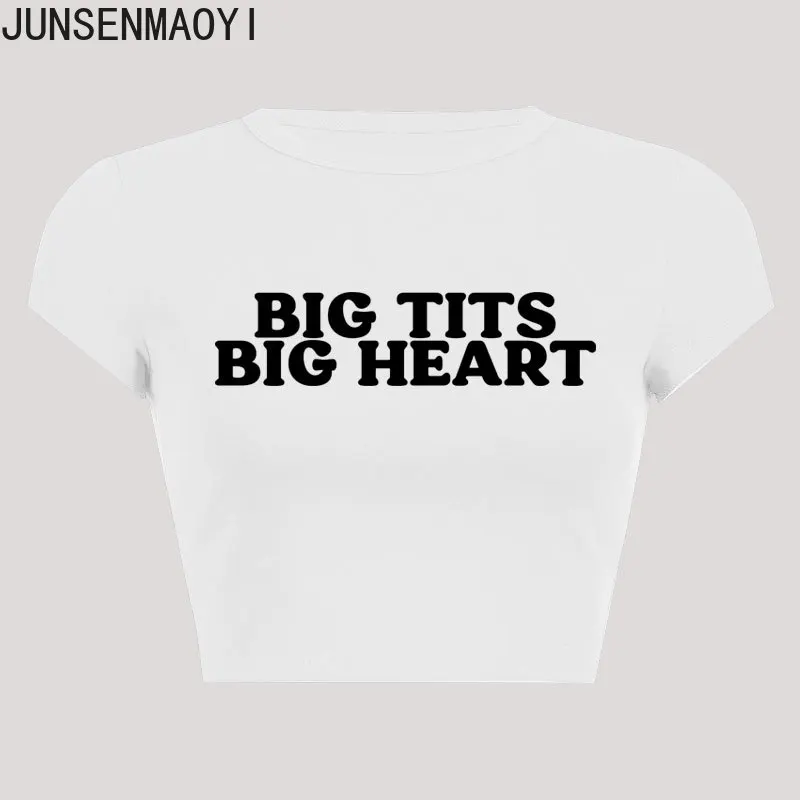 Big Tits Big Heart Print Pattern New Summer Short Sleeve O Neck Cropped Navel Women Crop Tops Fashion T-Shirt