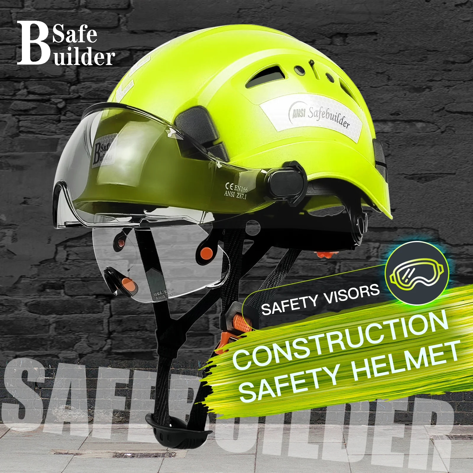 Construction Safety Helmet with Visor, Built in Goggle for Engineer Ear Muffs, ABS Hard Hat, Industrial Work Head Protection