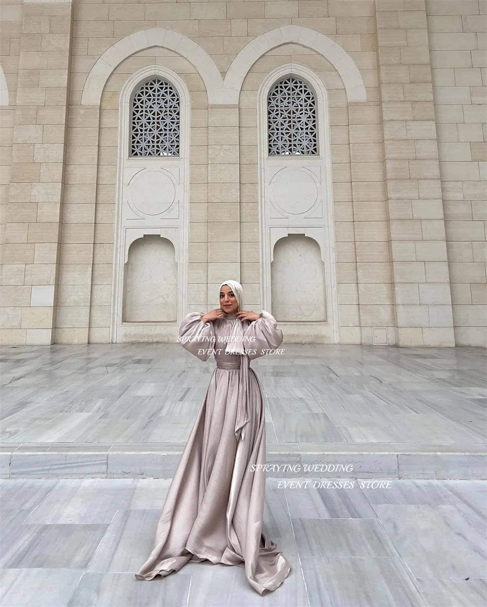 SPRAYING Vintage Muslim A Line Evening Dress Long Sleeve Organza Prom Gown Floor Length Formal Occasion Dresses For Saudi Arabia