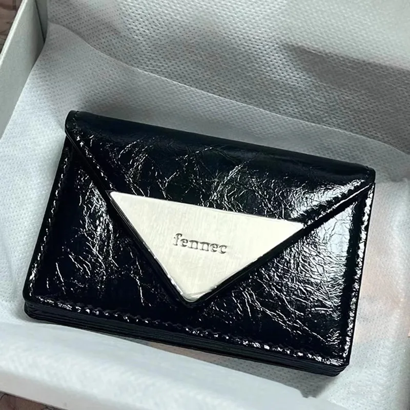 

South Korea New Fennec Cowhide Card Holder Triangle Badge Flip-Cover ID Card Case Classic Coin Pocket Multi-Color Wallet