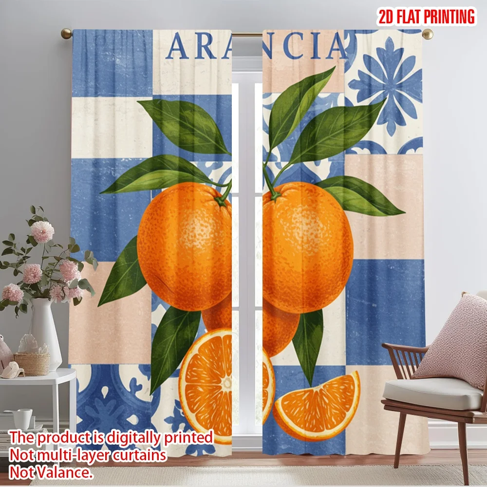 

2pcs 2D flat printing Party Curtain Orange Citrus Fruit Branch 100% Polyester Without Electricity Festive Wall Decor Use for