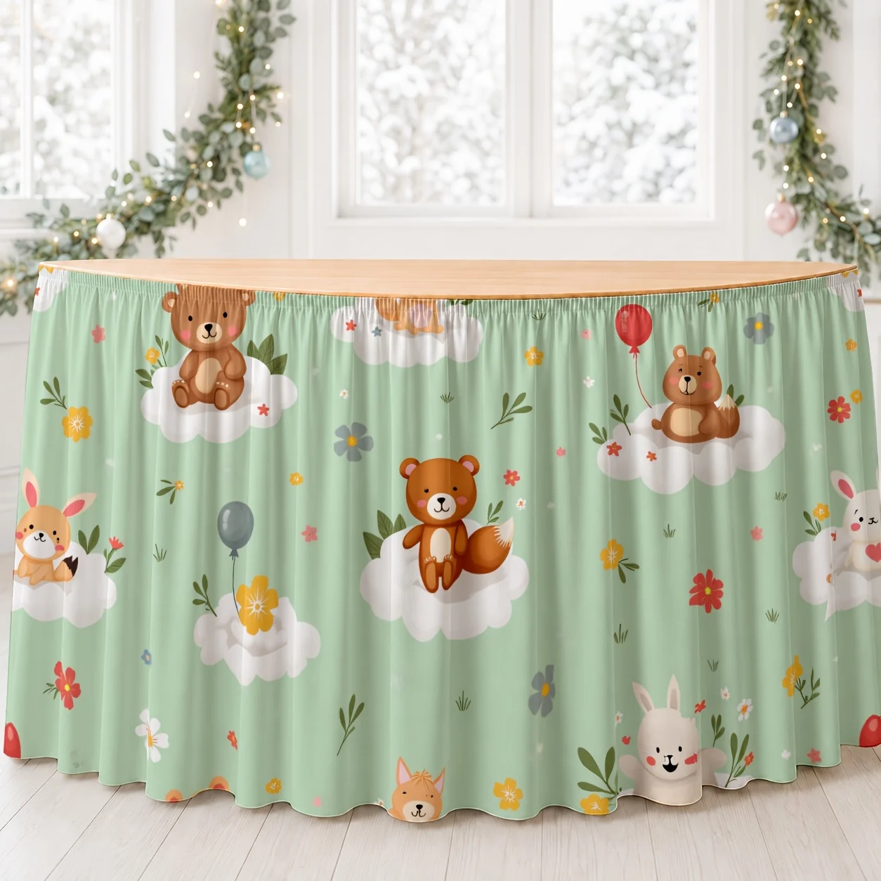 1 piece, pastel table skirt, cloud and animal print - fun decoration, suitable for weddings, baby parties