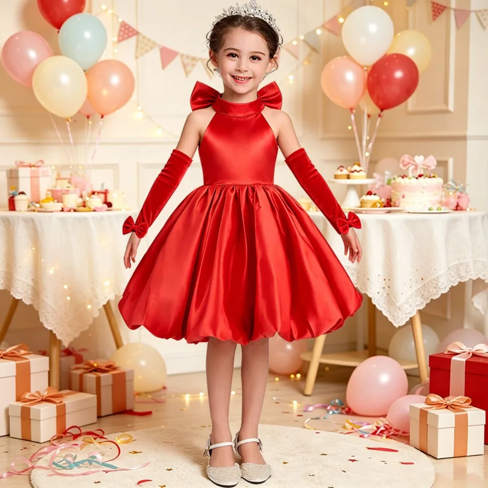 Girls Red Satin Halter Dress With Matching Arm Sleeves Kid Formal Birthday Holiday Pageant Banquet Evening Photoshoot Gown ASQ03