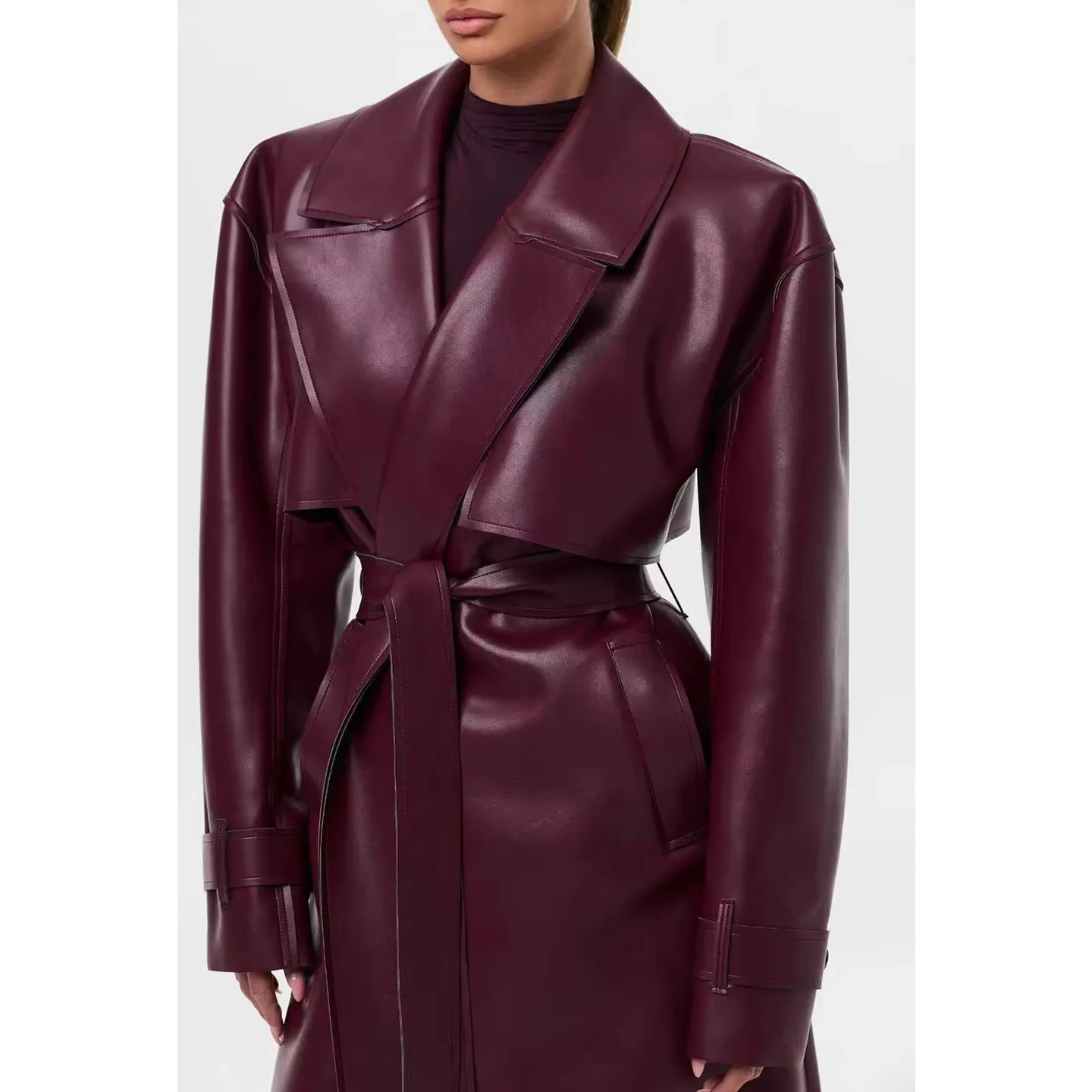 Cappotto longuette con cintura e nodo antigraffio in pelle PU lunga da donna nuova invernale Jaet Commute Sle in fibra di poliestere