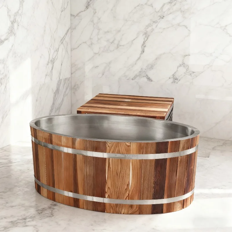 Stainless steel liner red cedar white pine cold water drum bathtub