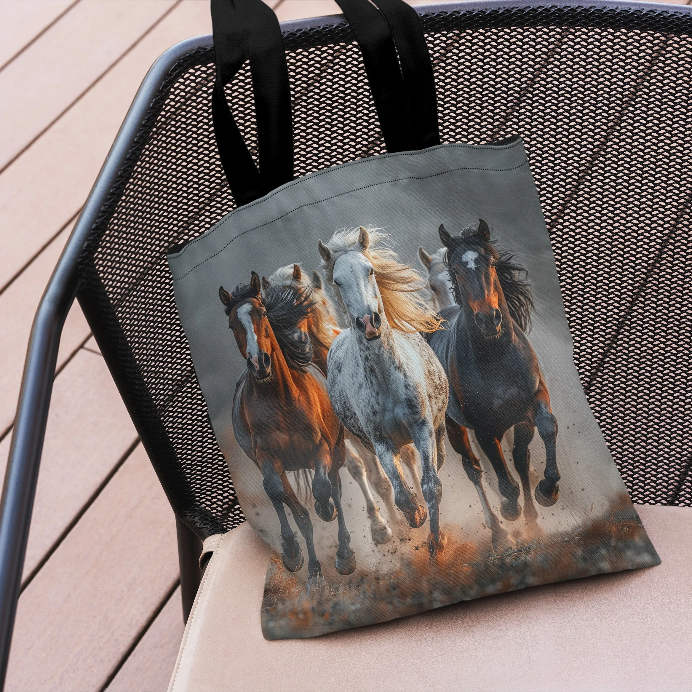 Canvas Tote Bag, Large Capacity Fashion Shoulder Bag with Rustic Galloping Horse Design, Spacious for Shopping, Work, Travel