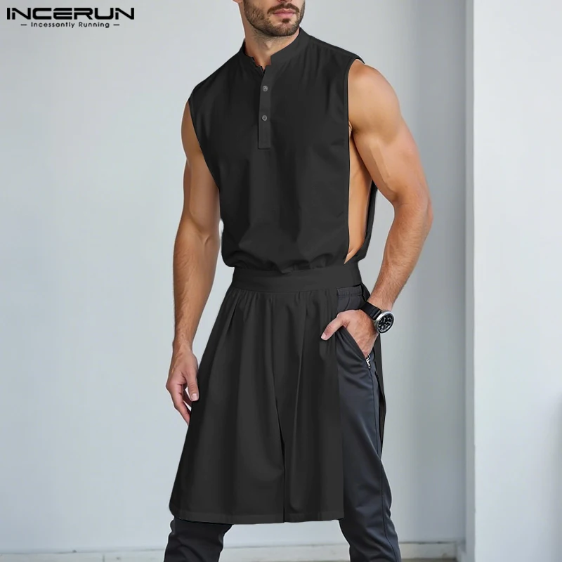 

INCERUN Men Long Style Tank Tops Solid Color Sleeveless Hollow Out Sexy Fashion Men Vests Streetwear Summer Irregular Tops 2025