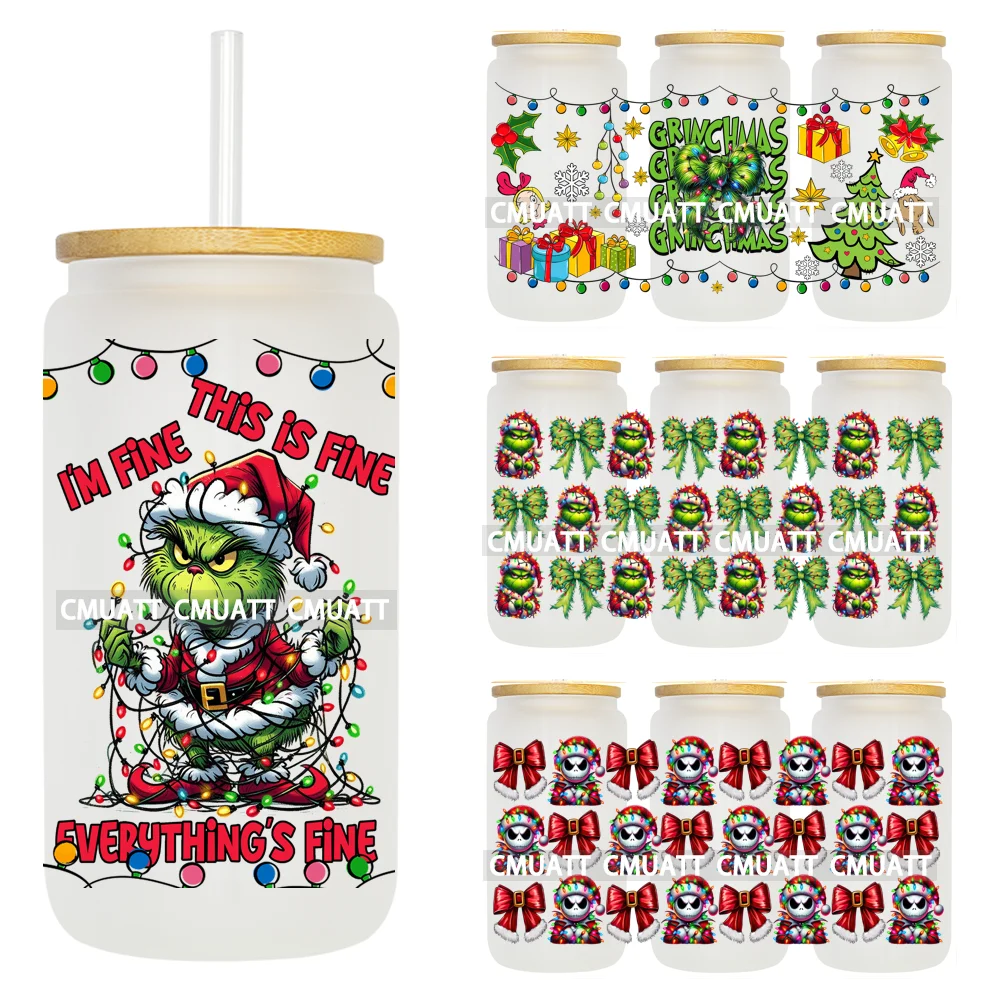 

Green Guys Just Waiting For Christmas Coquette Bow Xmas Holiday Season UV DTF Cups Wraps Transfer Stickers For 16OZ Libbey Glass