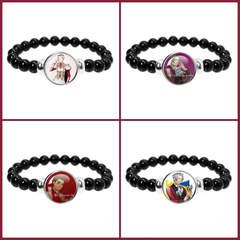 Pulsera de cuentas negras de 18 mm con personajes del juego Ace-Attorney: Phoenix Wright y Maya Fey, hecha a mano, para regalo de un amigo, accesorios de joyería.