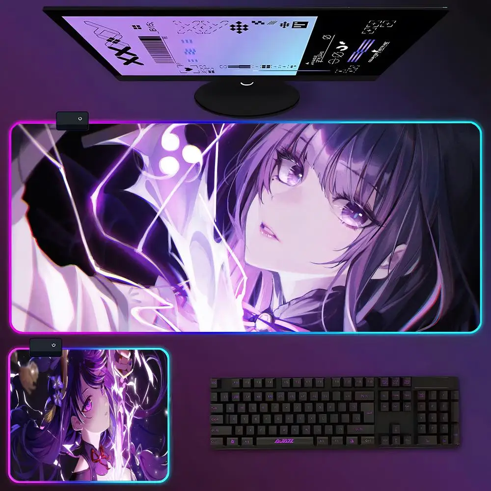 Raiden Shogun Genshin Mouse Pad RGB Luminous 900x400x3mm Thickened  Large Table Pad Encrypted Anti Skid Super Large Mouse Pad