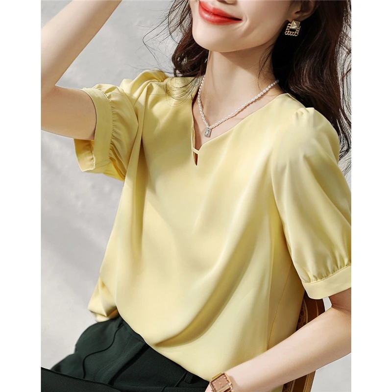 Women Summer Korean Fashion V Neck Hollow Elegant Blouse Yellow Sweet Short Sleeve Shirt Simple High Quality Chiffon Tops Blusas