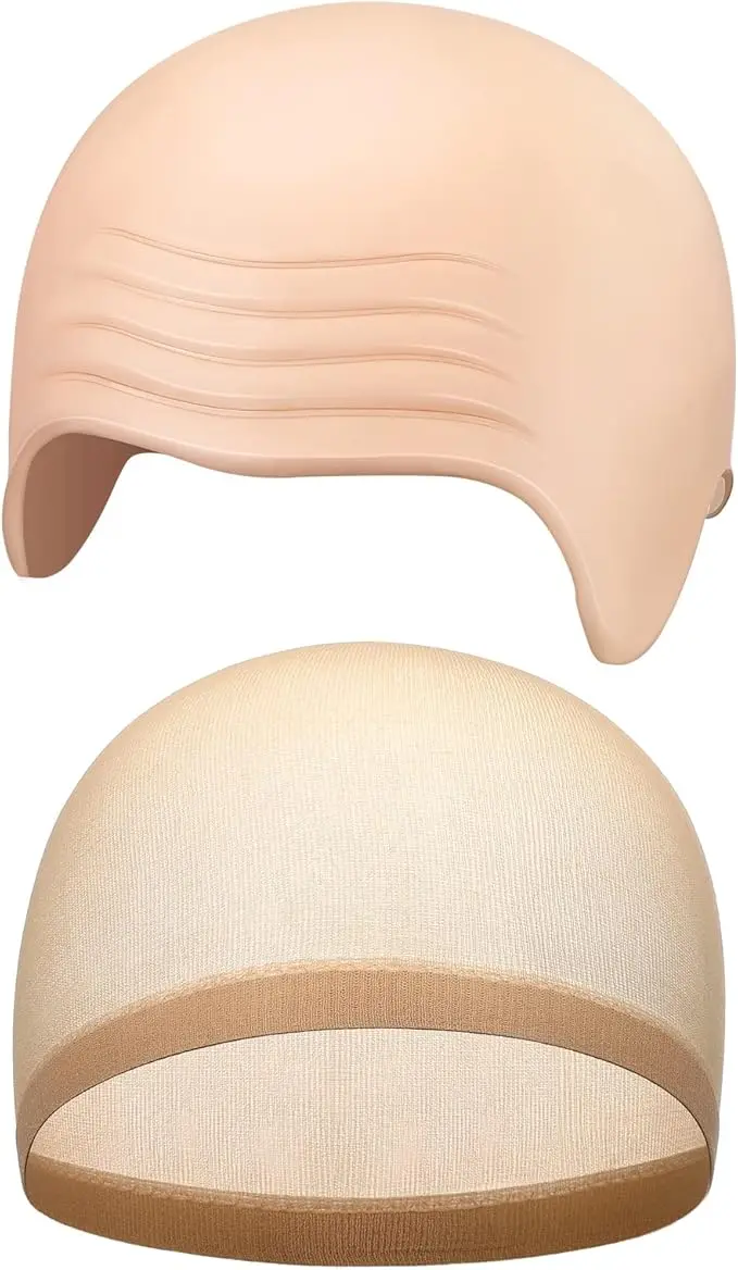 2 Pieces Latex Bald Cap with Nylon Wig Caps Set Makeup Bald Head Wig Cap Halloween Cosplay Costume for Adults